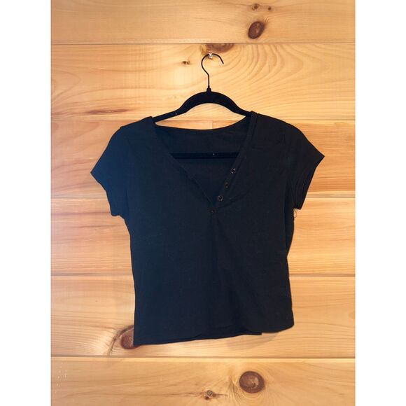 Women's Black Slim Fit Quarter Button T-Shirt - Picture 1 of 2